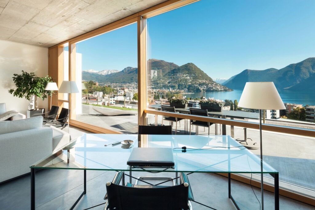 Glass window overlooking a landscape